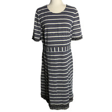 Tory Burch Paulina Dress Womens Size XL Black Blue Stripe Lined Fringe