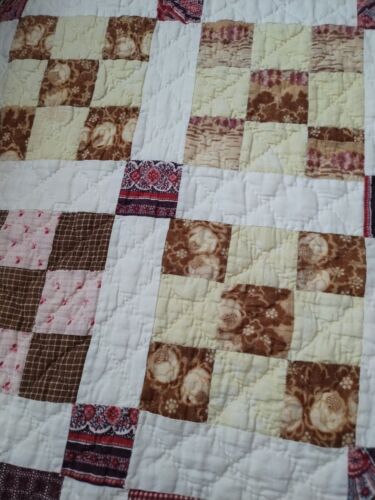 NICE! Vintage Nine Patch Quilt Hand Sewn Quilted Early Calicos 84x71 - Picture 13 of 17