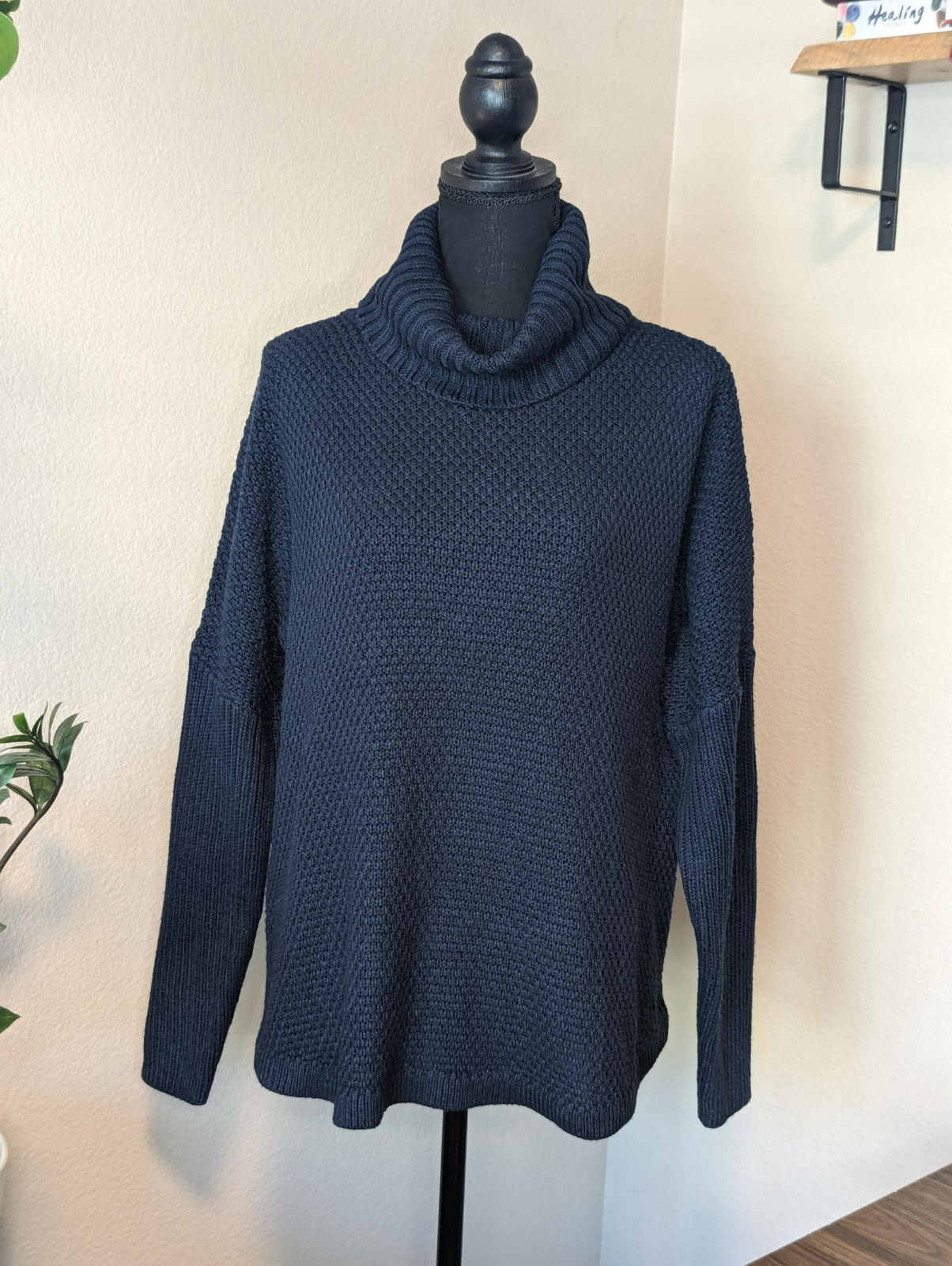 Merokeety Women’s Navy Blue Cable Knit Oversized Turtle Neck Long Sleeve Sweater for Cozy Style