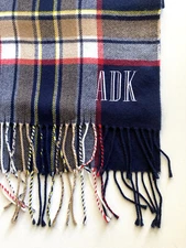 Mark and Graham ADK mono Italian Blanket Scarf in Navy Camel Plaid 31 x 88 9