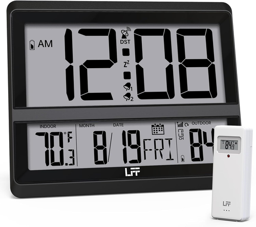 Atomic Clock Large Display, Digital Wall Clock with Indoor Outdoor Temperature a