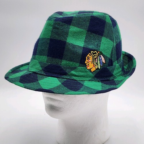 NHL Chicago Blackhawks Authentic Fan Hockey NBC Sports Green Plaid Hat Fedora - Picture 2 of 8