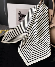 100% Silk 26" square Scarf Women neckerchief Wrap striped white WS169