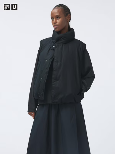 UNIQLO U Puff Tech Non-Quilted Vest Brushed Lining Black / Brown / Green Women - Picture 2 of 13