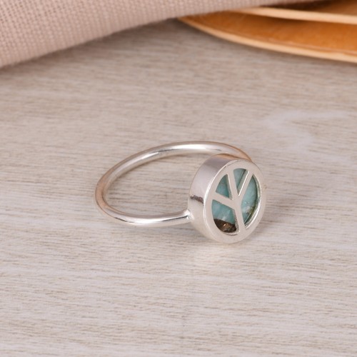 Peace Symbol Ring 925 Sterling Silver Jewelry Gift For Her With Copper Amazonite - Picture 2 of 7