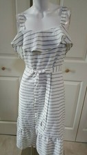 NEW BANANA REPUBLIC CREAM / GRAY STRIPES RUFFLE AROUND PETITE DRESS SIZE 2P