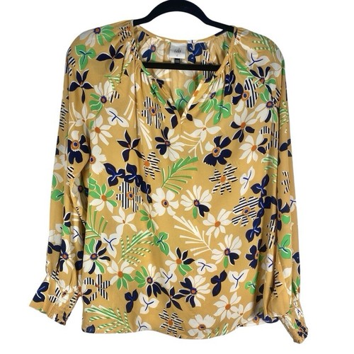 Cabi Island tropische Blumen gesmokte Ärmel Schlitz Ausschnitt Bluse 6296 Small - Bild 2 von 8