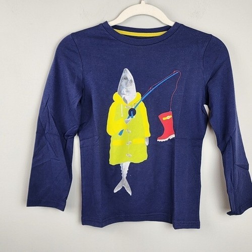 Mini Boden long sleeve shirt 7-8 Boys Blue Fish Boot Fishing