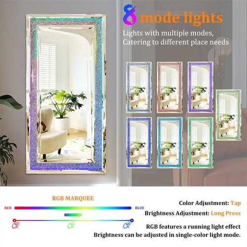 XXL Large LED Mirror RGB Lights Crush Diamond Inlay Wall Mirror Fireplace Decor - Picture 14 of 16