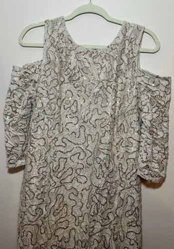 Blu Sage Womens Dress Gold Ivory Size 16 Formal Stretch Sequin Lace Prom Wedding - Picture 4 of 9