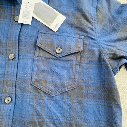 NEW Tilley Shirt Womens Large Button Down Cotton Flannel Black Blue Check Collar - Foto 6 di 16