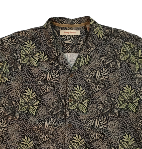 Tommy Bahama Men's Button Front Hawaiian Shirt Brown/Green Floral Leaves Silk L