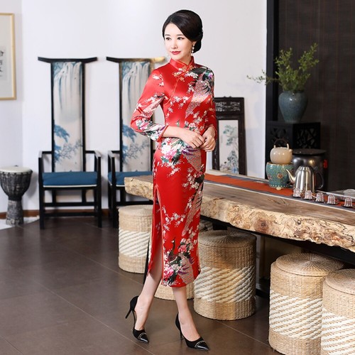 Chinese Traditional Cheongsam Satin Dress Mid-sleeve Qipao Ball Long Gown Party - Picture 13 of 20