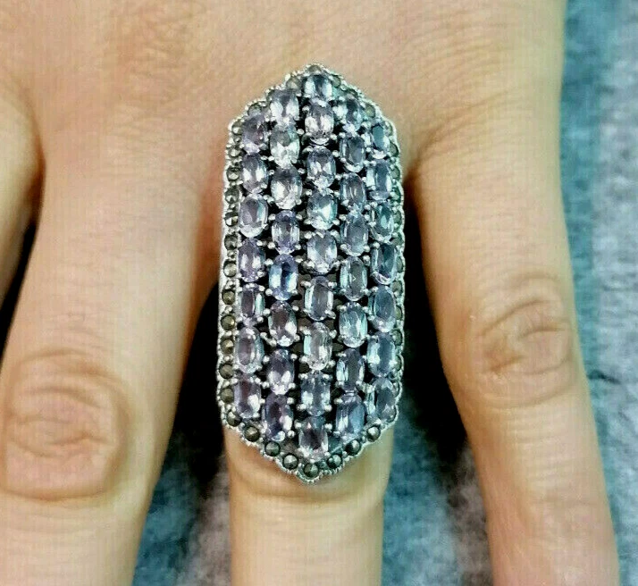 anello a fascia grande da donna argento 925 bianco ametista viola marchesite - Immagine 4 di 4