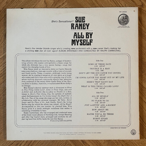 Sue Raney "All By Myself" LP Capitol ST2032 1964 Jazz Pop Vocal EX/VG+ - Picture 2 of 8