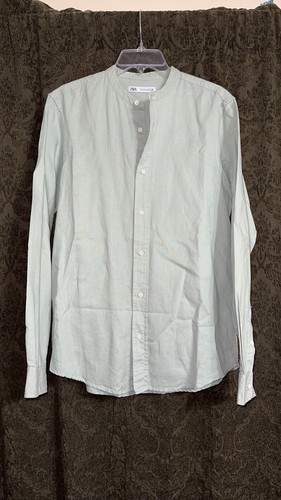 Zara Man Leinen Salbei Mandarin Kragen Herren Langarm Button Down Größe Small 38