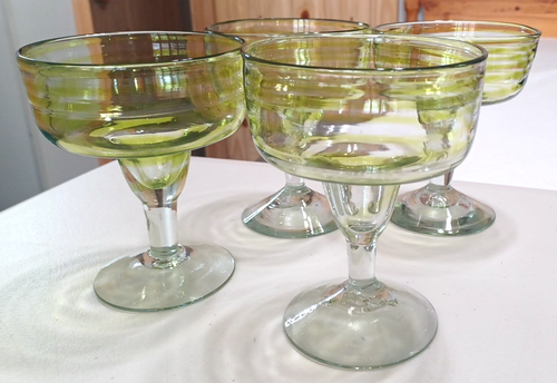 4 Margarita Glasses Heavy Hand-Blown Lime Stripe 6" Set Barware