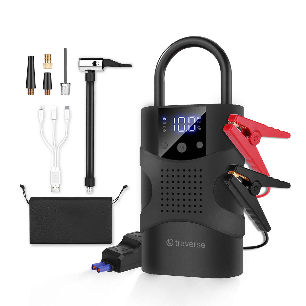 ПУСКОВОЙ МЕХАНИЗМ TRAVERSE 2-В-1 1000A JUMP STARTER И ШИНОМОНТАЖНЫЙ НАСОС, НАКАЧИВАТЕЛЬ НА 150 ФУНТОВ НА квадратный ДЮЙМ - ЧЕРНЫЙ