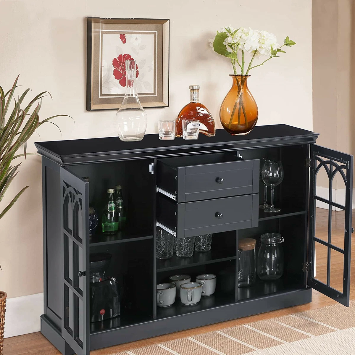 Black buffet cabinet 2024 with glass doors