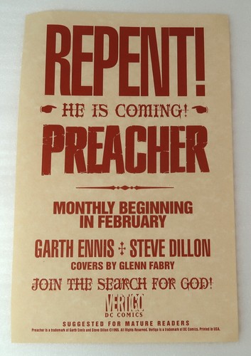 DC Vertigo Preacher Original Promo Flyer 1995 'Repent! He is Coming' 8.5" x 5.5" - Picture 1 of 3