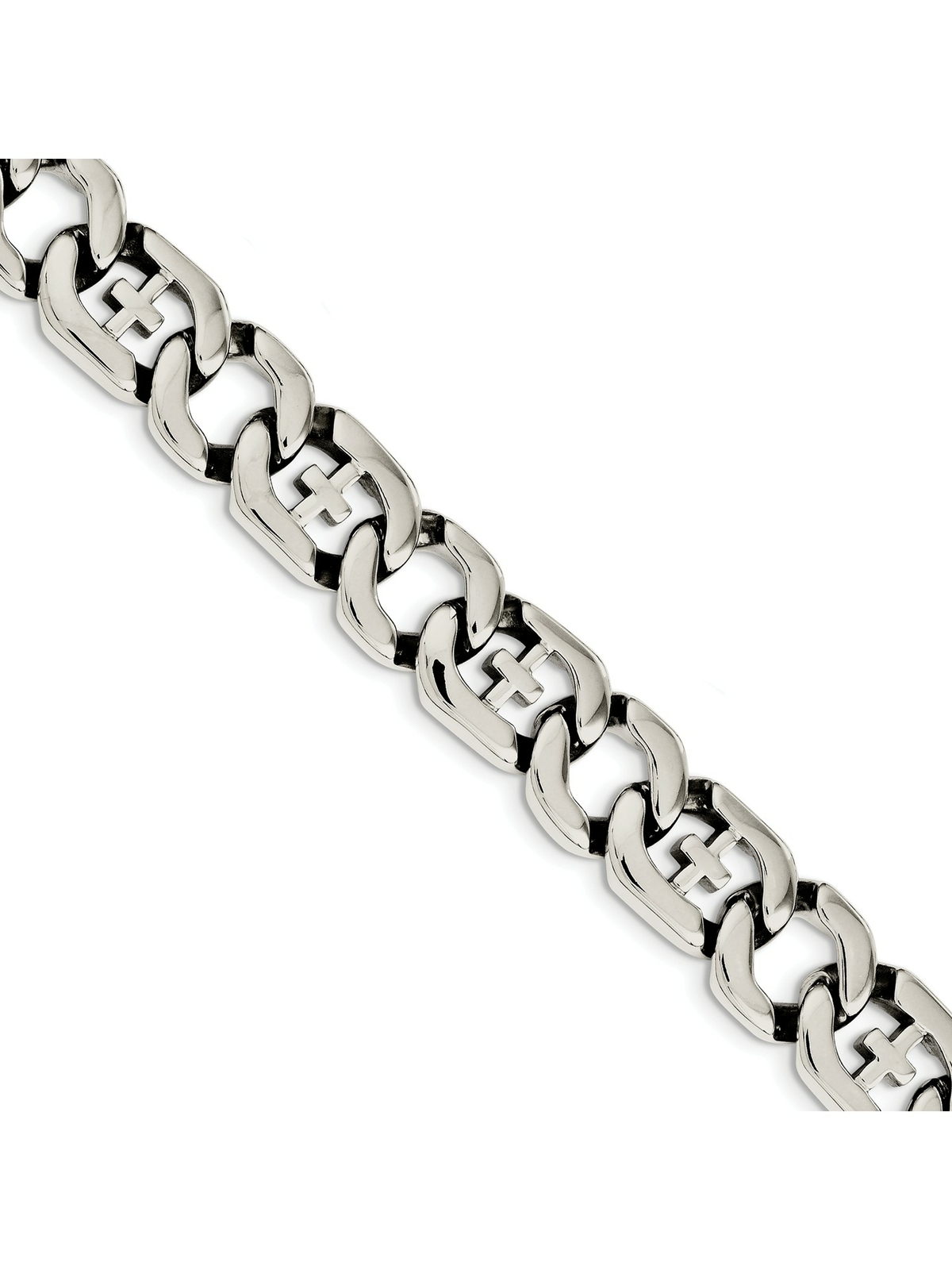 Stainless Steel Curb Link W Latin Cross Chain Bracelet - 14mm Box W Tongue Stainless Steel Curb Link W Latin Cross Chain Bracelet - 14mm Box W Tongue