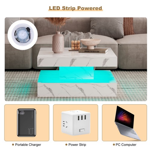 High Gloss Coffee Table for Living Room Square Side Table LED Light Furniture US - Picture 4 of 10