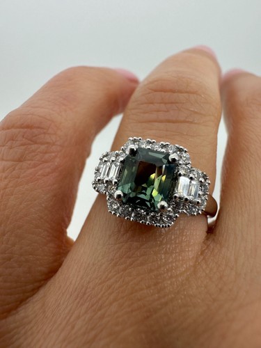PLATIN SMARAGDSCHLIFF CLUSTER TÜRKIS SAPHIR UND DIAMANTEN RING 1,95 KT ID49