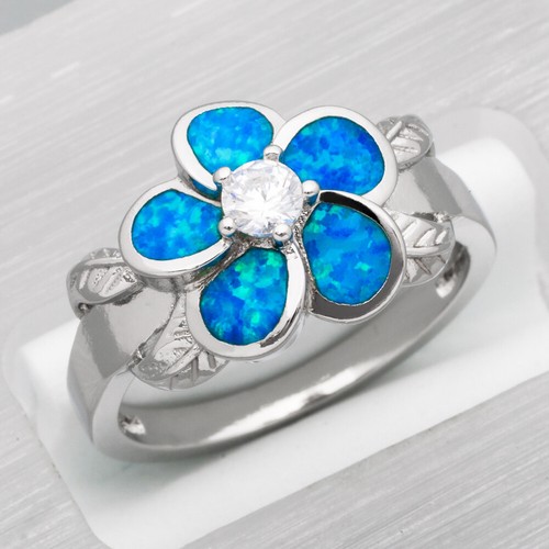 Plumeria 4mm Simulated Moissanite Blue Fire Opal Silver Jewelry Ring SZ 6 7 8 9 - Picture 17 of 30