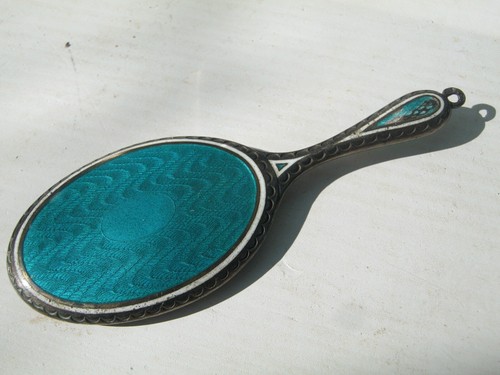 Antique Sterling Silver & Guilloche Miniature Chatelaine Enamel Mirror - Picture 2 of 7