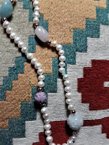MIRIAML CULTURED PEARL CARVED MULTI PASTEL GEMSTONE OPAL ROSE GOLD NECKLACE - Picture 2 of 6