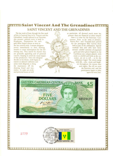 East Caribbean $5 1985 P-18v UNC w/FDI UN FLAG STAMP St. Vincent 2 CONSECUTIVE - Picture 2 of 6