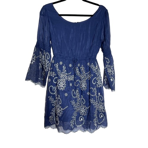 Garcia Blue Silver Dress Bell Sleeve Eyelet Size L Silk Embroidered Babydoll