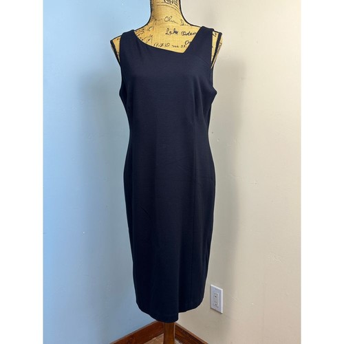 Eileen Fisher Gr. 12 Kleid schwarz asymmetrischer Ausschnitt Midi Etui Viskose Seide gefüttert