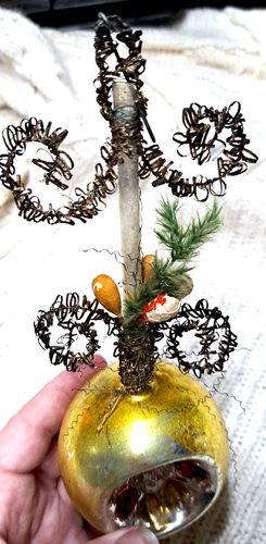 Antique VTG German glass krinkle Wire wrapped Free Blown Finial Bulb Dresden WOw - Picture 10 of 16