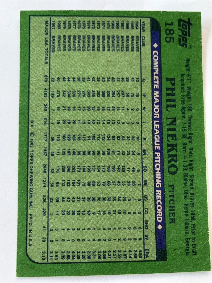 1982 Topps Baseball Card #185 Phil Niekro Atlanta Braves HOF Nm