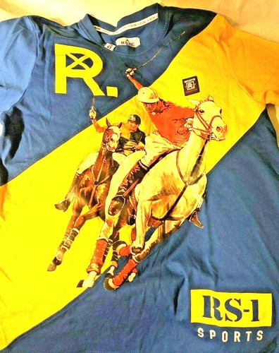R.S.INE Sports Competition PoLo Horses Game Yellow/Blue S.S. T-Shirt Sz. Medium 