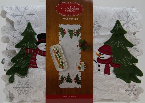 Christmas St Nicholas Square Snowman & Tree Scene Table Runner 36x13 NWT - Picture 2 of 2