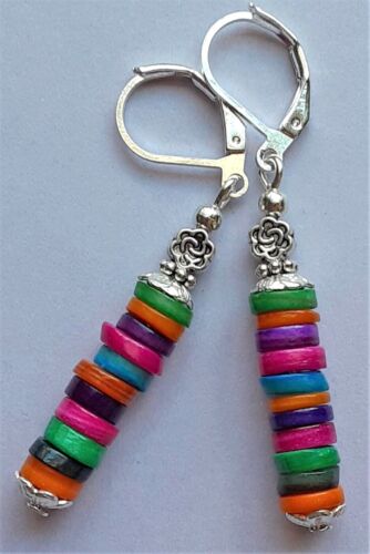 Colorful Shell Heishi earring Silver Plate Leverback handcrafted