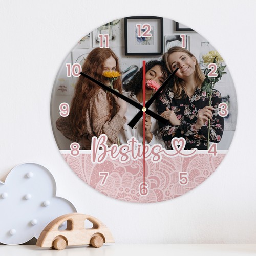 Personalised Photo Wall Clock Glass & Wooden Kids Family Bedroom Nursery Gift - Picture 3 of 7