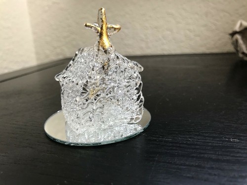 Hand Blown Spun Glass Miniature Church on Mirrored Base Figurine - Picture 3 of 4