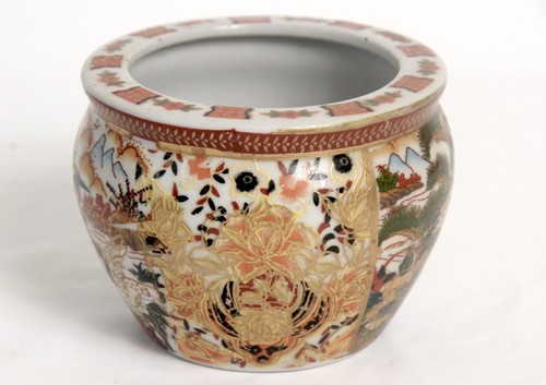 Satsuma Ceramic Urn Bowl Rust Orange Rim Storks Birds Flowers - Picture 1 of 6