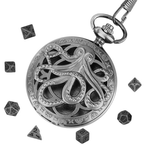 7x Polyhedral Metal DND Dice Set in Octopus Pocket Watch Shell Case + FOB Chain - Picture 2 of 13