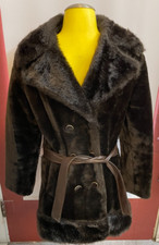 VGT Brown Faux Fur Double Breasted Winter Coat  Waist Belt USA Union 1960's