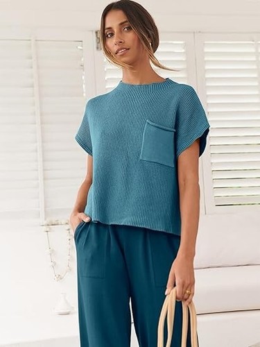 ANRABESS Women's Blue Two Piece Outfit Knit Sweater Crop Top Pants Lounge Small - Picture 6 of 6