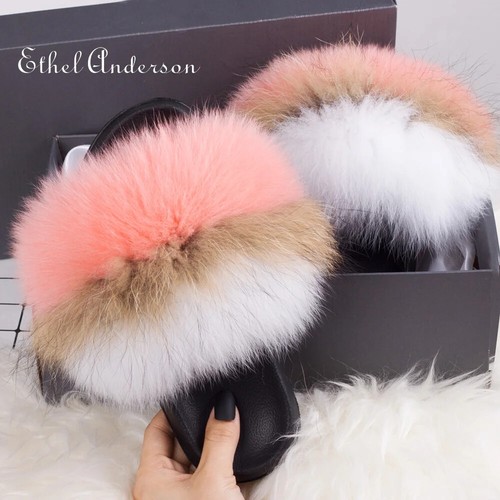 Women Real Farm Fox Fur Hot Modern Slippers Fluffy Slides Plush Sandals Shoes - Picture 32 of 42