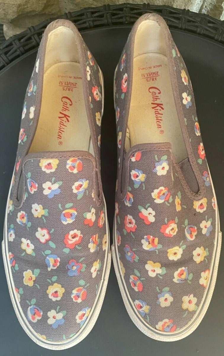 Cath Kidston Flat Slip on Canvas Shoes Grey Floral Pattern