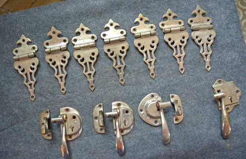 NICE 12 PC SET ANTIQUE NICKEL ON BRASS 2 DOOR ICE BOX HARDWARE C 1900 - Picture 1 of 10
