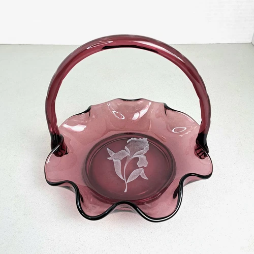 Vintage FENTON Amethyst Etched Glass Flower Basket Purple 7.5" Art Glass