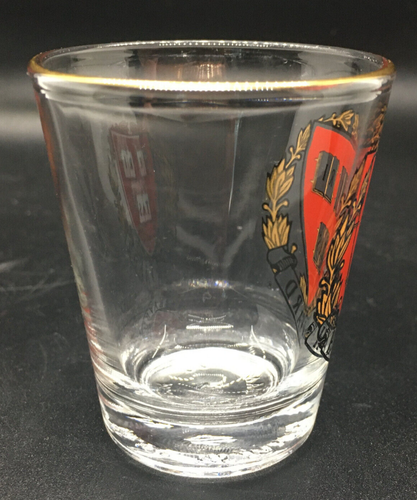 Harvard University Shot Glass Gold Painted Rim VE RI TAS Insignia Seal Motto - Picture 5 of 8