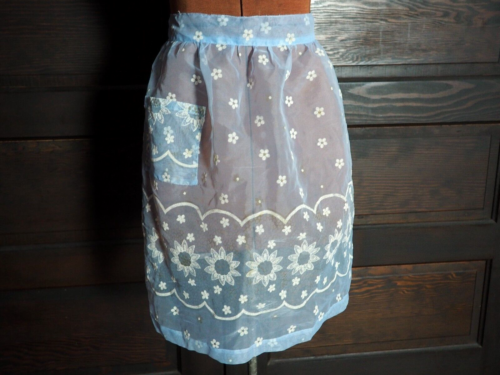 VTG 50s Periwinkle Blue Floral Chiffon Hand Stitch Cottage Housewife Half Apron - Picture 1 of 9